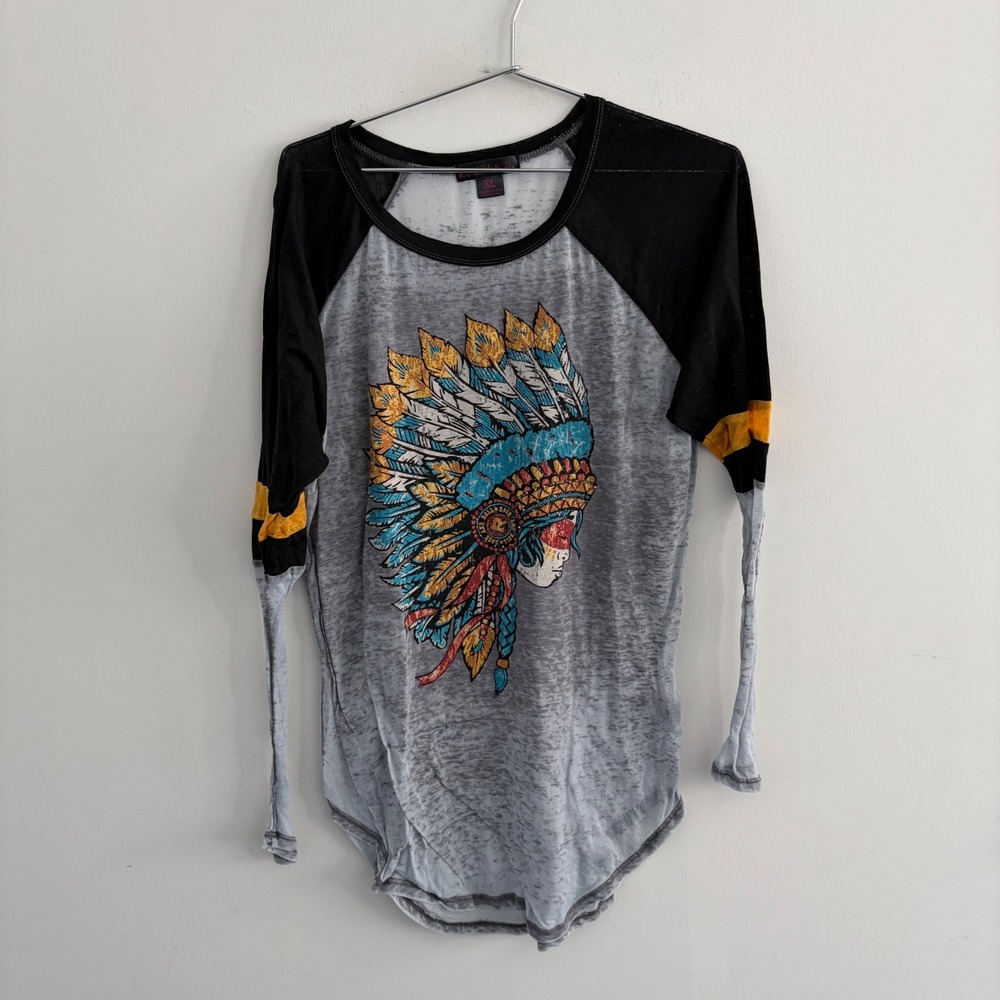 Rock and Roll Cowgirl Womens XL Raglan Headdress Burnout Baseball Tee
